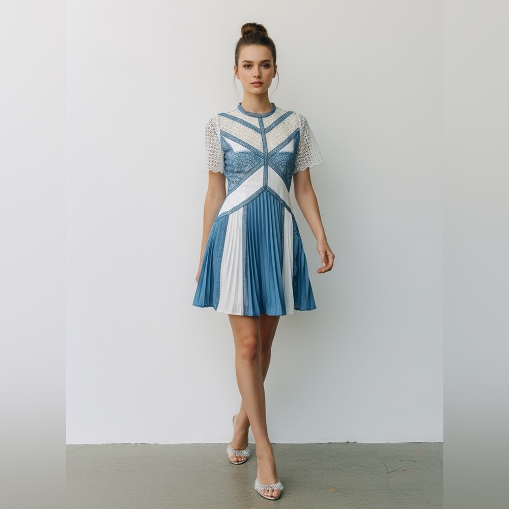Self Portrait Blue Gray Ivory Lace Colorblock Pleated Mini Dress Size 6 S